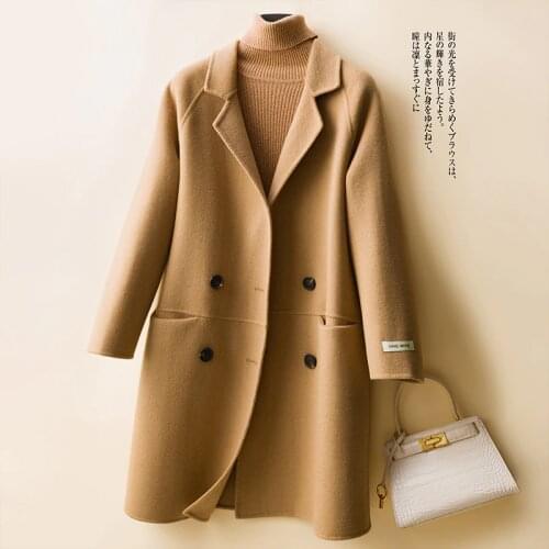2020 Autumn and Winter New Style 100% Pure Wool Womens Double-sided Cashmere Coat Mid-length Loose Coat Suit Collar Cardigan