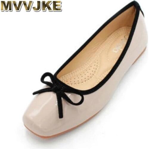 MVVJKELady Wide Feet Square Toe Flats Bow Knot Sweet Ballet Shoes Patent Leather Slip-on Red Black Beige Plus Size 44-34 Spongy