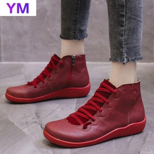 Womens PU Leather Ankle Boots Women Autumn Winter Cross Strappy Vintage Women Zipper Boots Flat Ladies Shoes Woman Botas Mujer