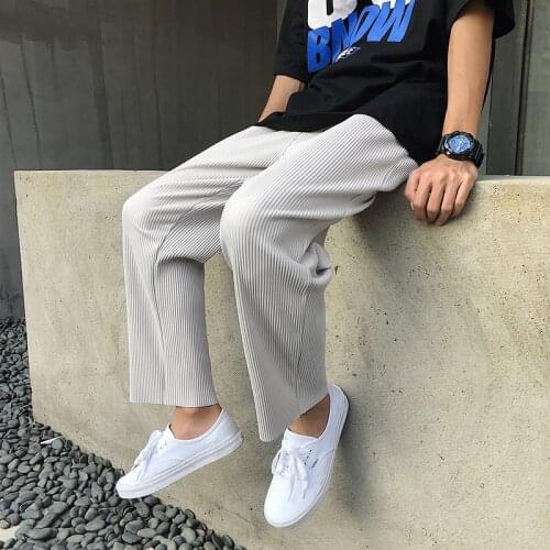 Stretch Waist Pleated Pants Mens Fashion Casual Straight Pants Men Japanese Streetwear Loose Ice Silk Pants Mens Trousers S-2XL