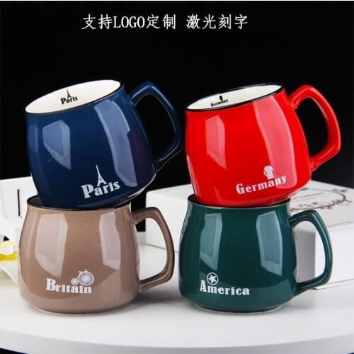 Color glaze Japanese style ceramic cup custom pot belly mug with lid couple coffee cup milk tea cup student water cup