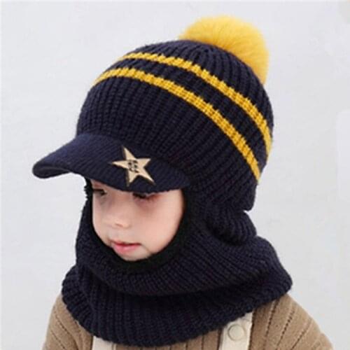 Children plus velvet hat autumn and winter five-pointed star warm knitted hat boys and girls face protection windproof scarf hat