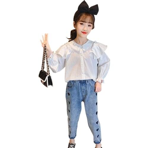 Children Clothes Heart Pattern Clothes For Girls Blouse + Jeans Clothes For Girls Spring Autumn Childrens Clothes Set
