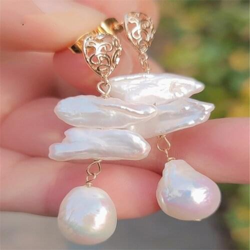 Elegant Natural White Baroque Pearl Earring 18KGB Ms gift AAA Earbob Aurora Accessories Fashion Jewelry Irregular Cultured Women