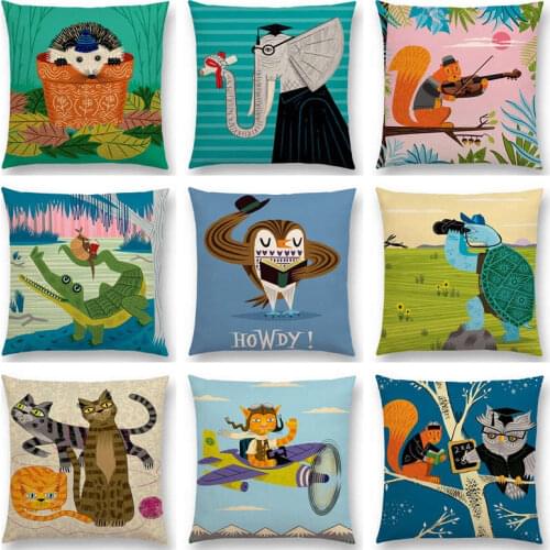 Hot Sale Funny Cartoon Animals Personification Play Music Reading Happy Life Elephant Cat Squirrel Owl Cushion Sofa Throw Pillow