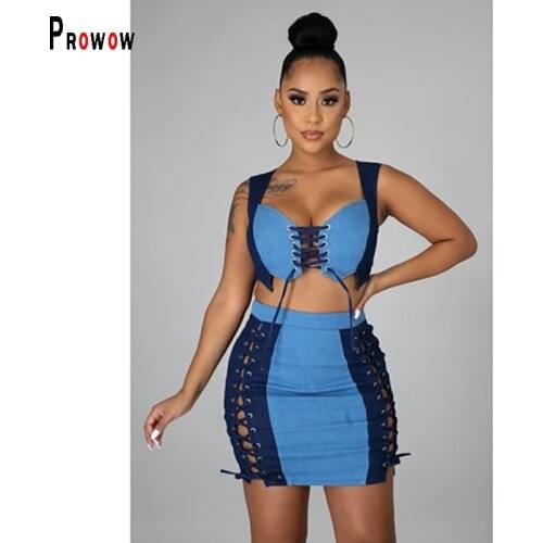 Prowow Women Sexy Denim Two Piece Set Corset Tops Bandage Skirt Summer Female Clothing Fashion Ladies Streetwear Suits Outfits