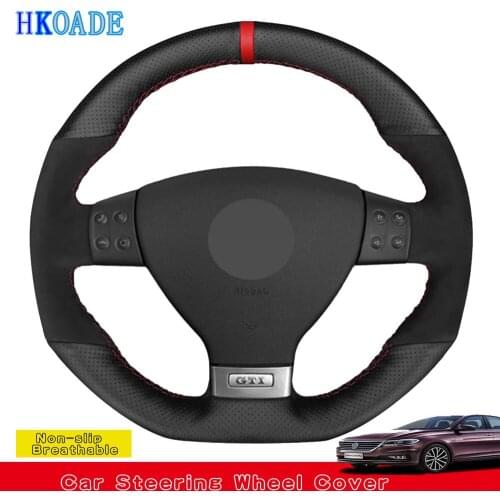 HKOADE DIY Black Soft Genuine Leather Car Steering Wheel Covers For Volkswagen Golf 5 Mk5 GTI VW Golf 5 R32 Passat R GT 2005