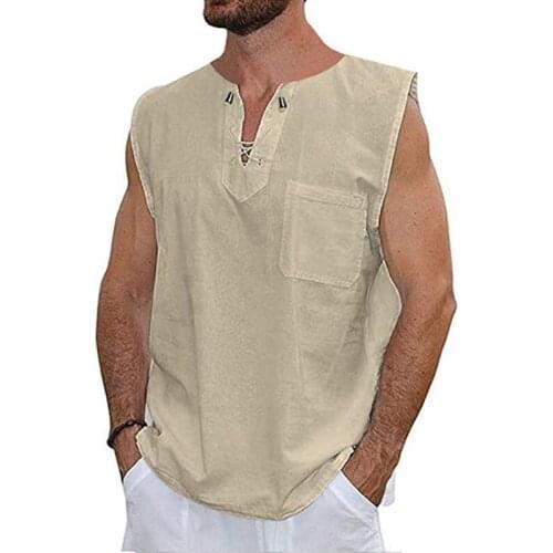 2021 Mens Sleeveless Shirt Top Summer Solid Cotton Vest Blouse Cross V-Neck Design Casual Male Slim Tees Pocket Mens Clothing