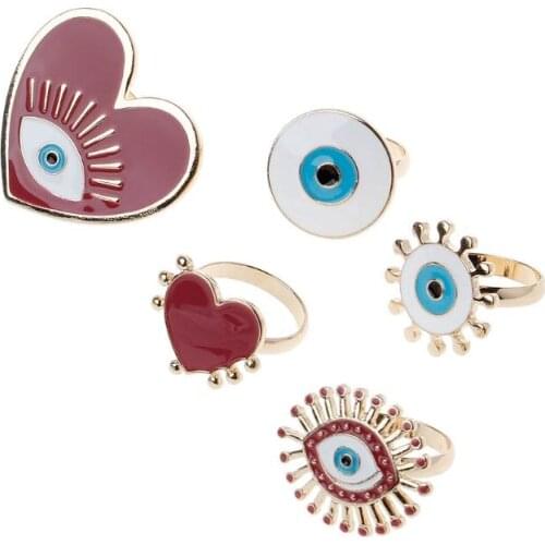 2021 New 5 Heart Enamel Evil Eye Open Ring Female Ring Exaggerated Fashion Jewelry Ring Interesting Jewelry Ring