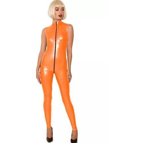 Sexy Open Crotch Women Bodysuit PVC Sleeveless Skinny Catsuit with Zipper Exotic Cosplay Costume Plus Size European Clothing