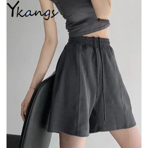 Elastic High Waist Loose Harajuku Sports Solid Straight Shorts Women Drawstring Korean Fashion Biker Baggy Sweat Shorts Female