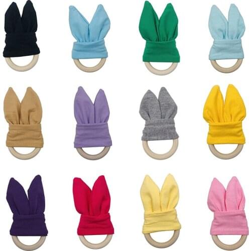 Solid Color Baby Rabbit Ear Teether Safe Organic Wood Teething Teether Safe Organic Wooden Ring Nursing Training Teethers Toys