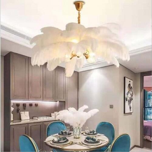 Ostrich feather lamp copper light luxury bedroom living room dining room feather pendant light