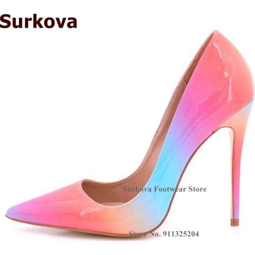 Surkova Rainbow Pattern Color Patchwork Dress Shoes Patent Leather 12cm 10cm 8cm Shallow Cut Bridal Pumps Pointed Toe Footwear