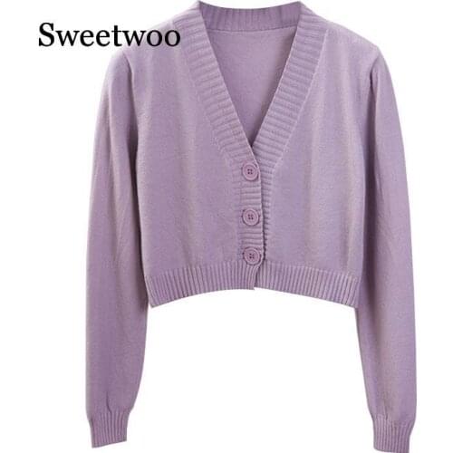 Womens Cropped Cardigan Sweaters Female Black White Short Sweater V Neck Single Breasted Sweater Woman Knitted Cardigan