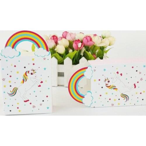 6pcs Unicorn Bag Paper Candy Gift Box Rainbow Handles Packaging Wedding Cardboard Dragee Bonbonniere Gift Bags Wrapping Supplies