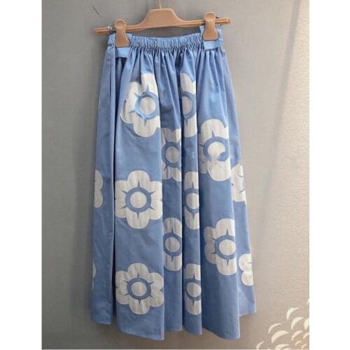 Floral Print Women Midi Skirt Elastic Waist Ladies 100% Cotton Blue Long Skirts for Holiday