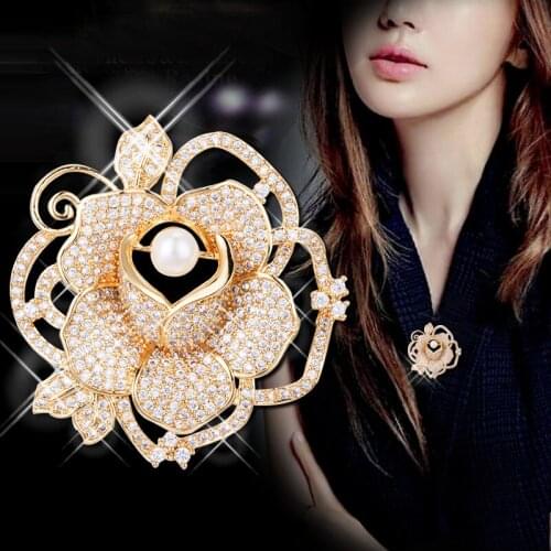 Mziking New AAA Zircon Flower Brooches Pins for Women Large Simulated pearl Rose Brooch Collar Broches Party Jewelry Accessories