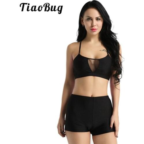 TiaoBug Women Sleeveless Mesh Splice Activewear Ballet Gymnastics Shorts Crop Tops Set Adult Fitness Stretchy Sports Dance Wear