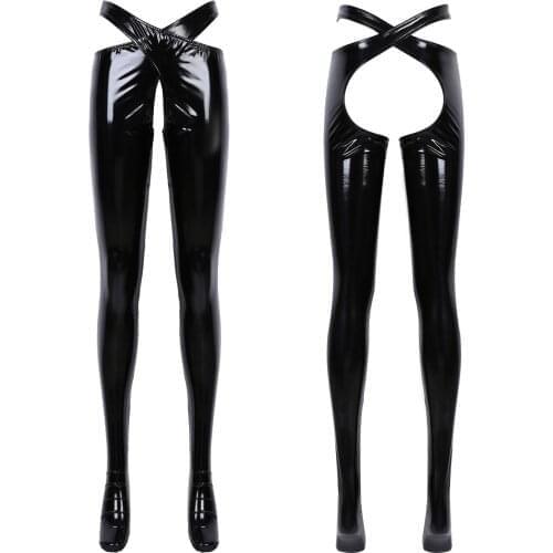 Womens Adult Latex Socks Costumes Patent Leather Trousers Exotic Pants Crotchless Open Crotch Bultt Sissy Lingerie Nightwear
