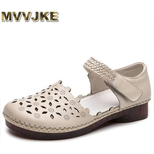 MVVJKE2020 New Women Hook & Loop Flat Sandals Closed Toe Summer Genuine Leather Gladiator Sandals Hollow Out Flats Women