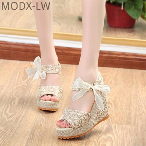 2021 New Style Wedge Fish Mouth Casual High-Heeled Ribbon Open-Toe Womens Shoes modx-lb