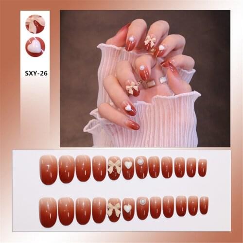 24pcs Bow Love Heart Wear Long Paragraph Fashion Manicure Patch False Nails Save Time Wearable Nail Patch SK88