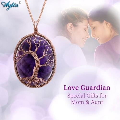 Ayliss Tree of Life Pendant Necklace for Women Handmade Wire Wrapped Healing Crystal Oval Gem Stone Pendant Necklace