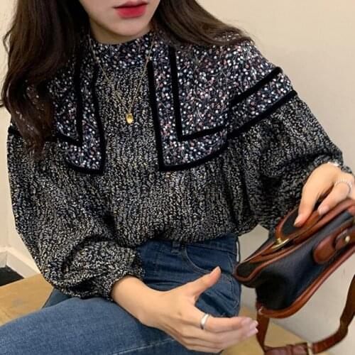 Women Printed Flower Chiffon Blouse Long Sleeves Turtleneck Female Clothes Fashion Lantern Sleeve European Streetwear Polyester