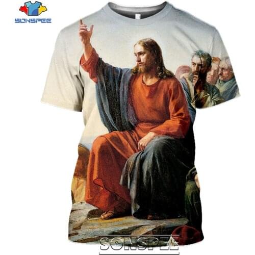 SONSPEE Religion Christ Jesus God Women Mens T Shirt Tops Casual Streetwear Harajuku Hip Pop Cartoon Painting 3D Tee Clothing