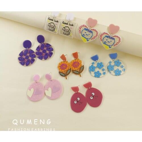 QUMENG 2021 Hot Selling Fashion Colorful Animal Figures Flowers Love Graffiti Acrylic Pendant Earrings Girls Delicate Gifts