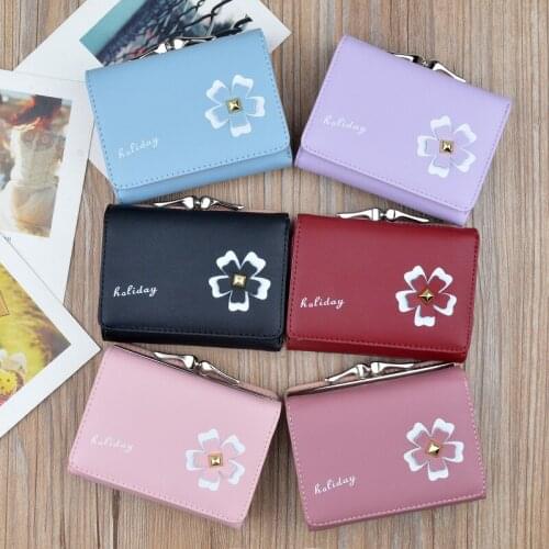 Women Short Wallet Female Korean Student Cute Coin Purse Fashion Printing Solid Color Flower Folding Wallets