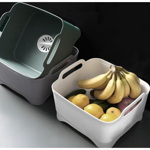 Kitchen Washing Vegetable Fruit Storage Basket Manual Rotating Water Plug Drain Basket Plastic Cleaning Container Strainers