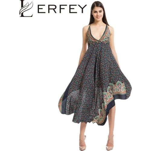 LERFEY Loose Floral Print Long Bohemian Dress Women Sexy Deep V Neck Backless Summer Beach Dress Asymmetrical Casual Boho Dress
