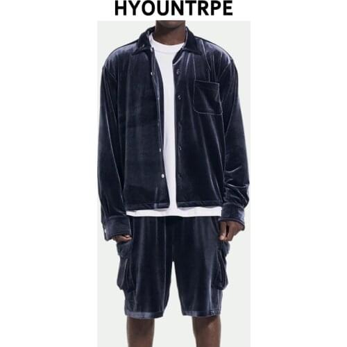 2 Pieces Sets Men Velet Single Breasted Long Sleeve Shirts and Side Pockets Elastic Waist Shorts Joggers Hip Hop Streetwear Sets