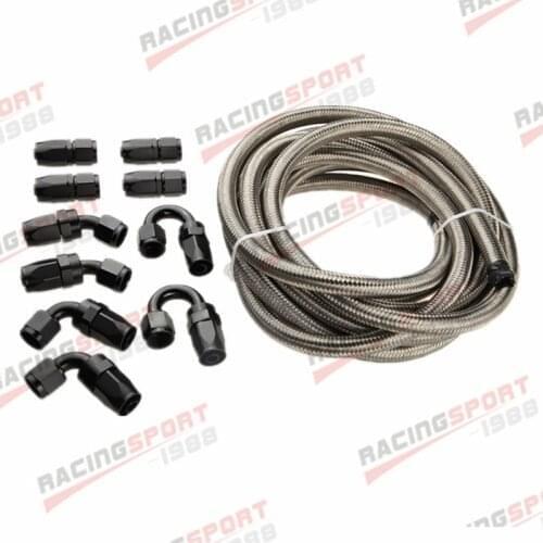 12AN Stainless Steel Braided Oil/Fuel Hose + Fitting Hose End Adaptor Kit Black