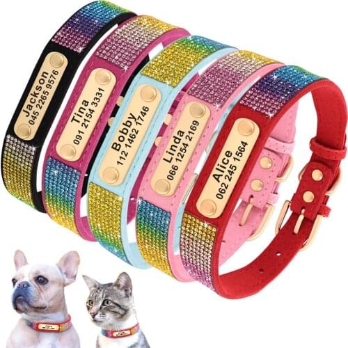 Rhinestone Dog Collar Personalized Leather Dog Collar Custom Nameplate Pet Puppy Collars With Bling Crystal Cat Chihuahua Pug