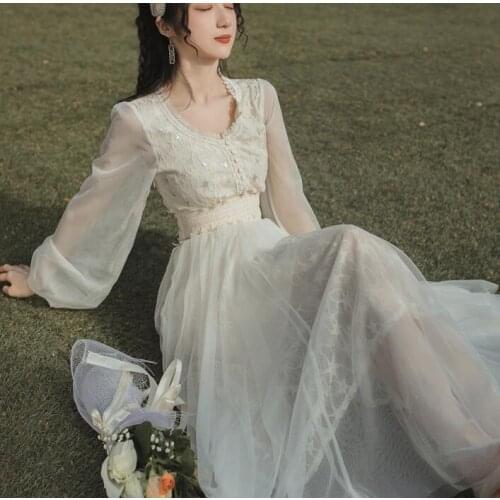 Spring Autumn Ladies New Temperament Star Mesh V-neck Lace Crochet Fairy Maxi Dress Women Sweet Cottagecore Boho Dress Vestidos