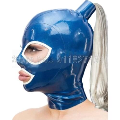 Sexy Exotic Lingerie Latex Hoods With Hair Pigtail Dark Blue and White Club Wear Fetish Costomized
