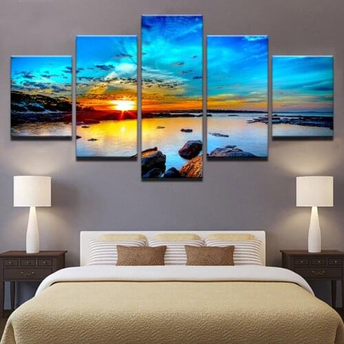5Pcs Modern Canvas Printing Seascape Wall Paintings Frameless Home Blue Sky Golden Sunrise Decoration Posters