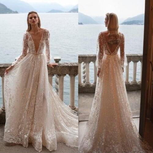 2020 Wedding Dresses Long Sleeves Lace Appliques Bridal Gowns Open Back Beach A-Line Wedding Dress vestido de novia