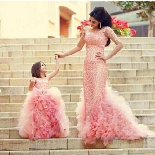 Mother Daughter Wedding Dresses Matching Outfit Floor Long Dress Elegant Party Kids Prom Dresses Girls Pink Sleeveless Dress