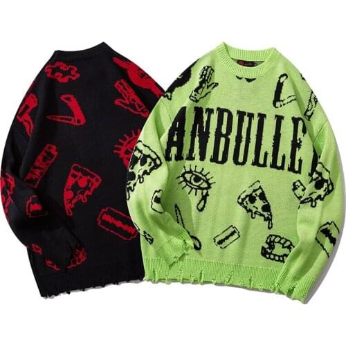 Harajuku Punk Sweater Men Gothic Vintage Oversized Knitted Sweaters Green Black Ripped Streetwear Pullover Jersey Mujer