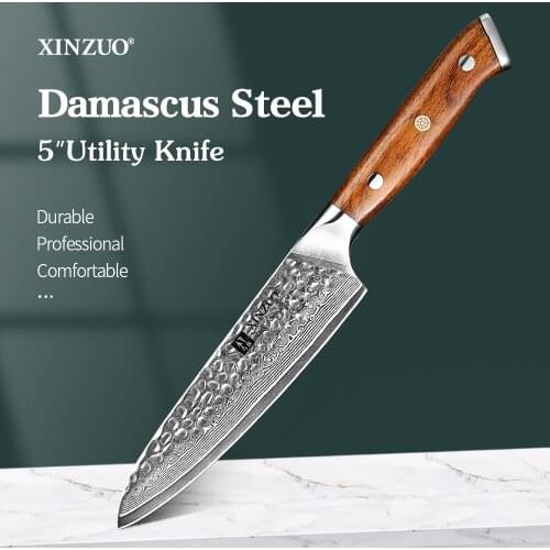 XINZUO 5" Utility Knife Janpanse Damascus Steel Stainless Paring Peeling Outdoor Cooking Cutter Self-Defense Knife Kitchen Tools