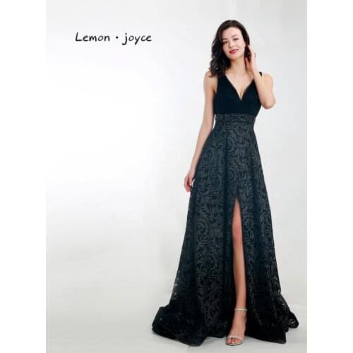 Lemon joyce Formal Evening Dresses 2020 New Items Sexy Backless High Slit Party Dress Black Prom Gowns
