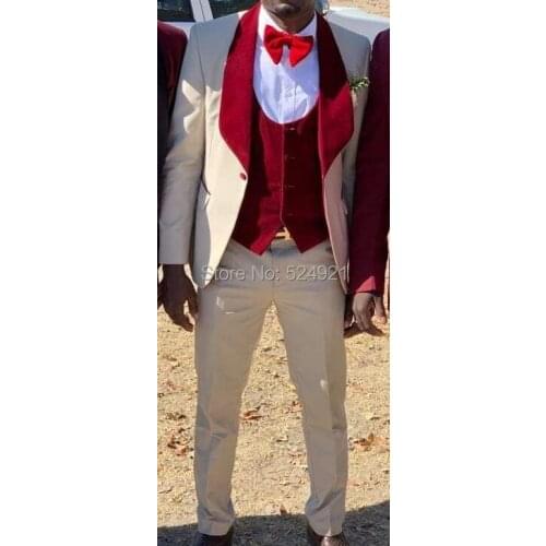 Groomsmen Beige and Dark Red Velvet Groom Tuxedos Shawl Lapel Men Suits Wedding Best Man ( Jacket+Pants+Bow Tie+Vest ) C679