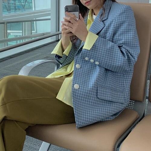 Blue Plaid Blazer Womens Notched Collar Full Sleeve Elegant Single Breasted Coat OL Style Office Ladies Jacket Suits Coat