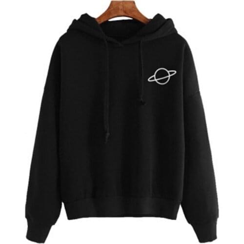 Women Loose Drawstring Hooded Sweatshirt Female Casual Kpop Planet Harajuku Tops Autumn Solid Long Sleeve Pullover Sweatshirts