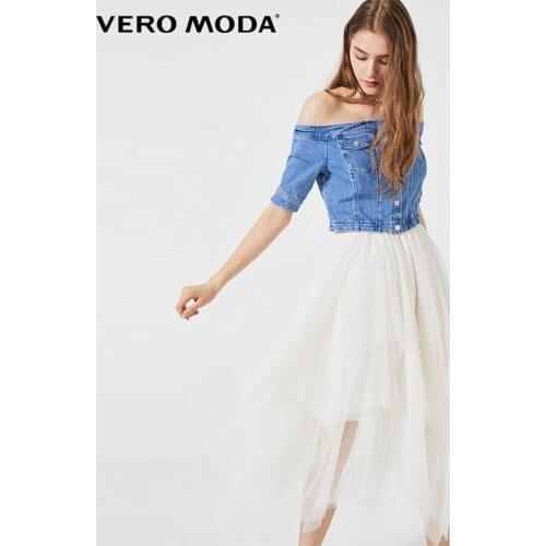 Vero Moda Women Street Slash Neck Denim Tulle Patchwork Dress | 319342518