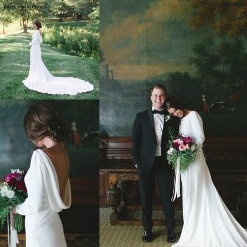 Long Sleeves Backless Wedding Dress Elegant Bateau Neck Beach Summer Long Bridal Gown Plus Size Custom Made